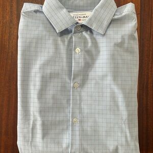 Mizzen+Main Leeward Light Blue Mini Plaid Dress Shirt, Large Standard Fit USA